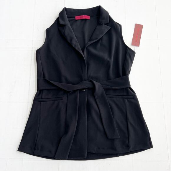New LOVE SCARLETT Black Belted Longline Sleeveless Blazer Vest Waist Tie SIZE S - Picture 1 of 7